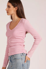 Bobi Shirred V Neck Long Sleeve