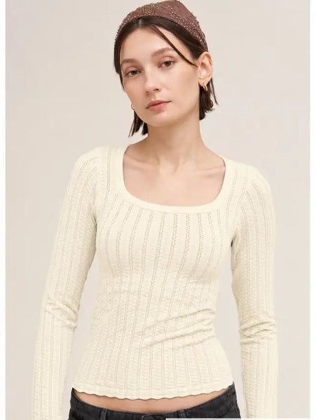 NIKIBIKI Pointelle Stripe Scoop Neck L/S Top (3 Colors)