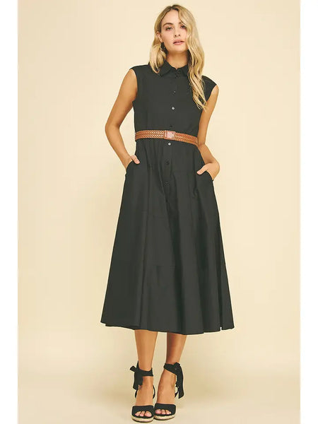 Pinch Solid Sleveless Belted Midi Dress