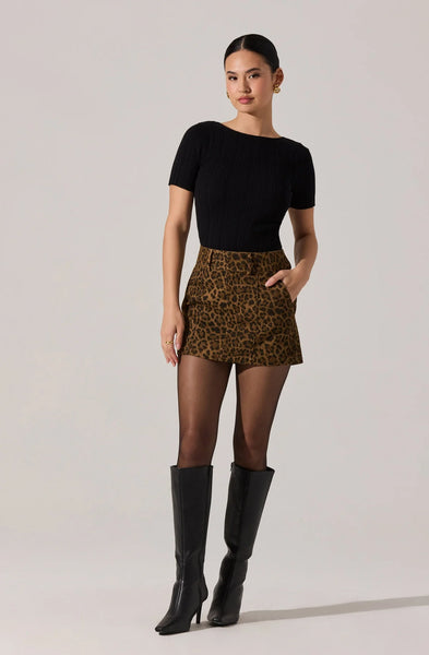 Astr Kairos Denim Cheetah Mini Skirt