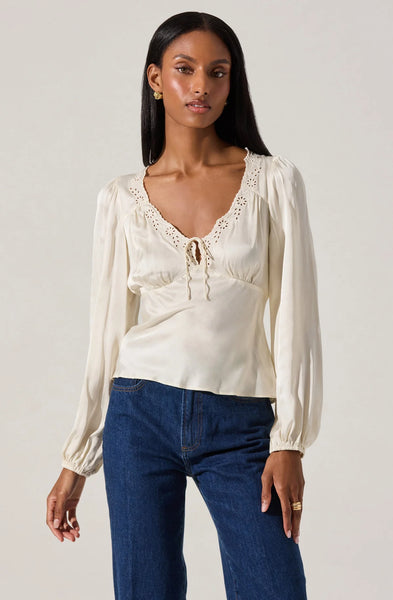 Astr Roya Eyelet Trim Satin Top