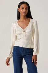 Astr Roya Eyelet Trim Satin Top