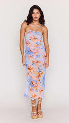 MinkPink Blue Floral Mesh Midi Dress