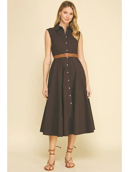 Pinch Solid Sleveless Belted Midi Dress