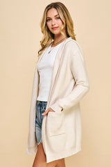 Pinch Hooded Mix Rib Pocketed Cardigan