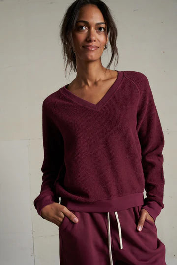 Perfectwhitetee Zuri Reverse Fleece V-Neck Sweater